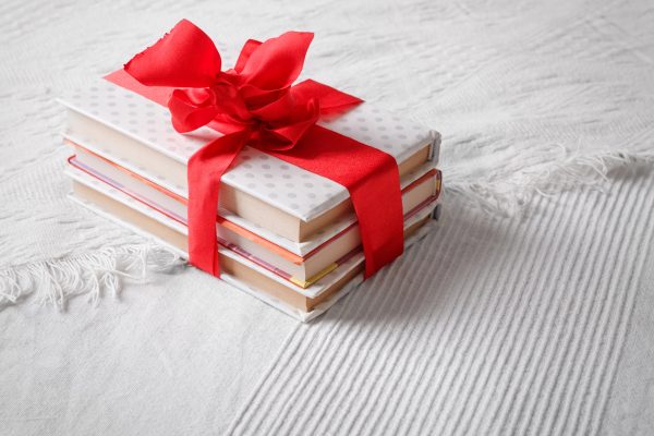Wrapped pile of books