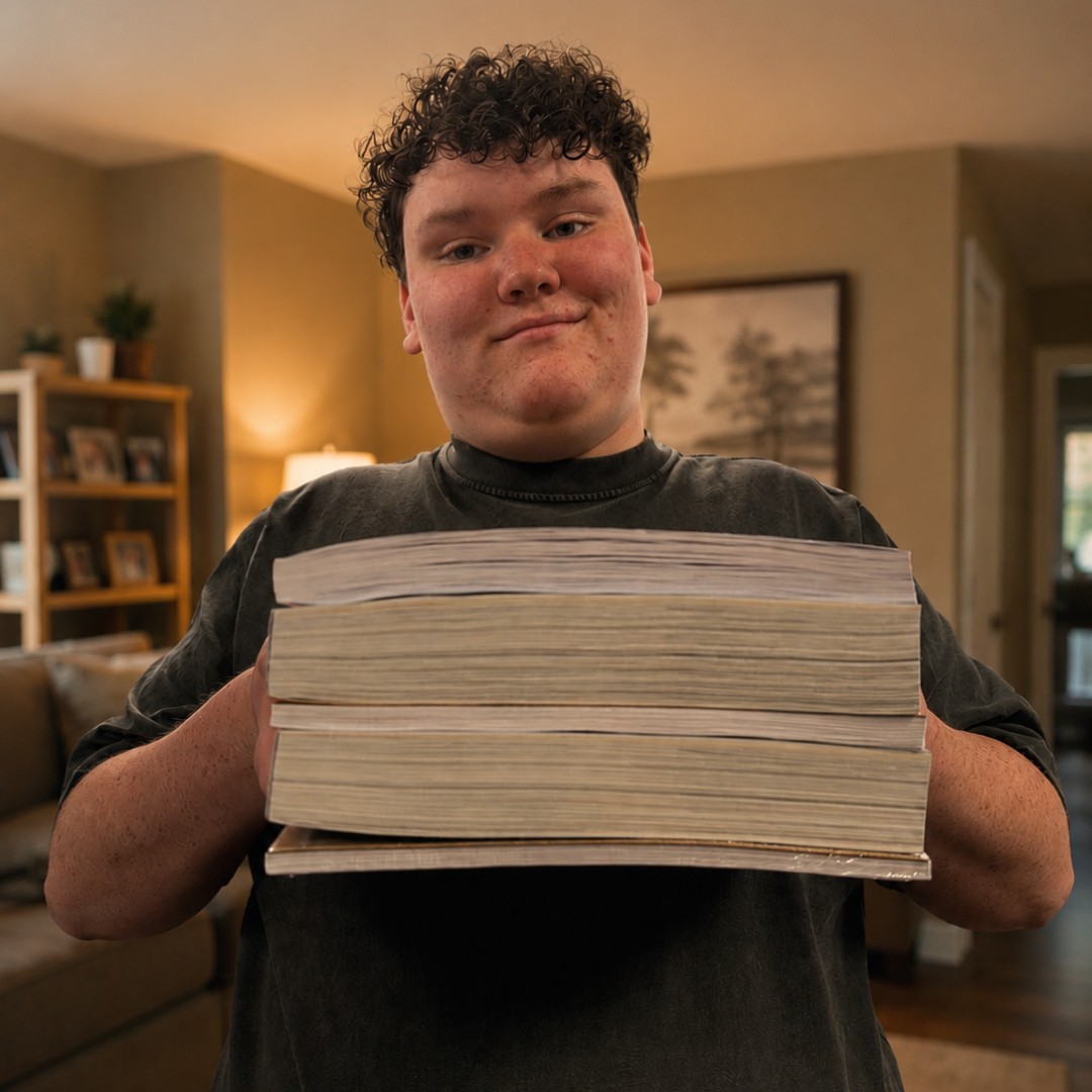 homeschool boy with a stack of too many books which is one of the homeschool mistakes