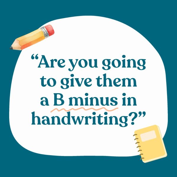 Blue text that says, "Are you going to give them a B-minus?" in handwriting, with a background of a pencil and notepad. 