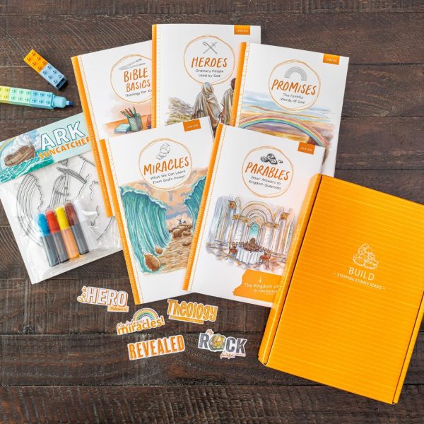 Stepping Stones Bible Study Series bundle with five junior studies, stickers, highlighters, and ark suncatcher
