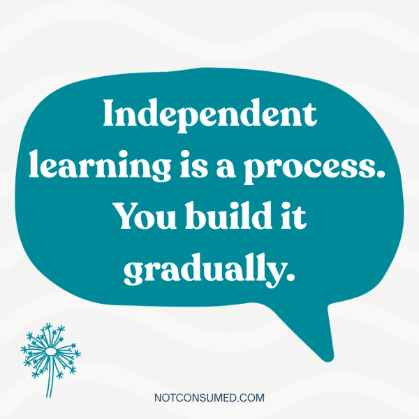"Independent learning is a process. You build it gradually." white text on teal quote bubble