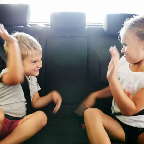 two young kids fighting in the backseat of a car