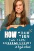 Teen holding a stack of homeschool books and the text "How Your Teen Can Earn College Credit in High School"