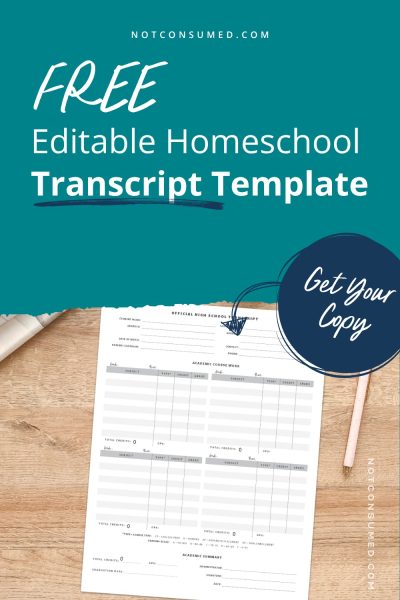 "Free editable homeschool transcript template" text on a teal background with an printable transcript on a wood table